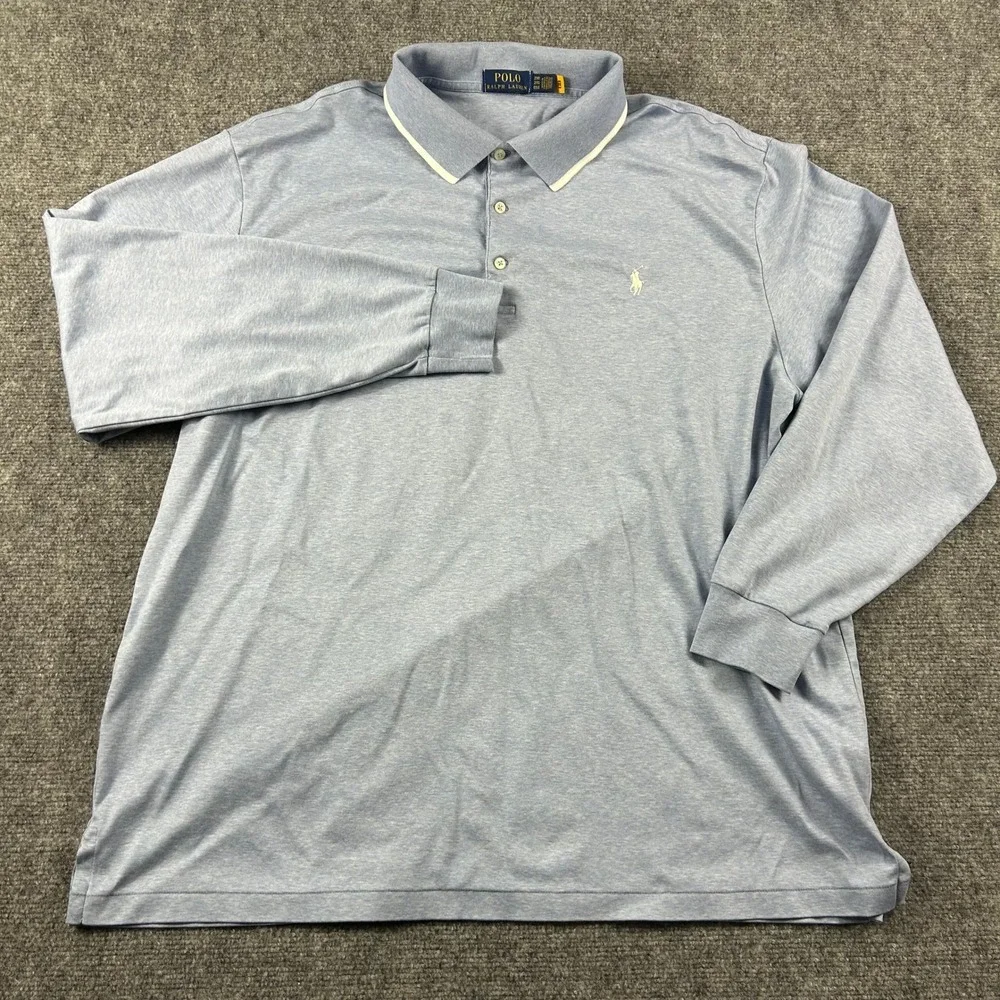 Polo Ralph Lauren‎ Long Sleeve Polo Mens 2XB Blue Heathered Cotton Big & Tall